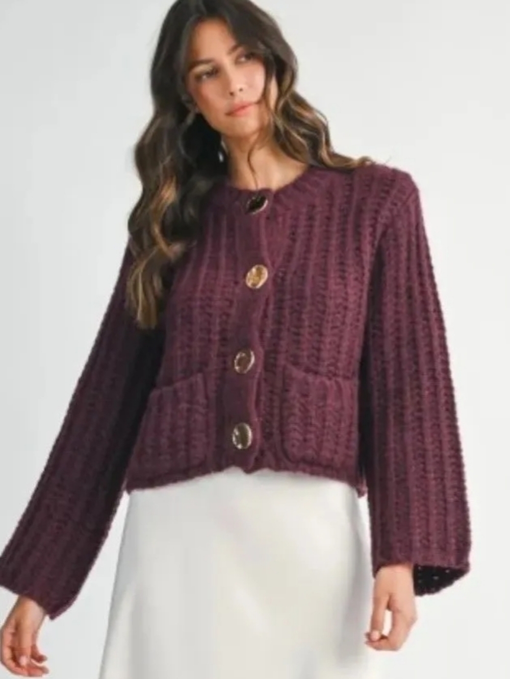 Womens Chunky Knit Button Cardigan Sweater - Plum